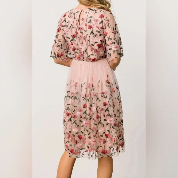 Baltic Born Duchess Embroidered Tulle Puff Sleeve Midi Dress in Rose Garden - Picture 3 of 14